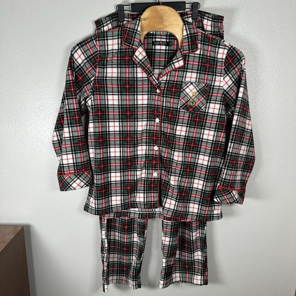 Lauren Ralph Lauren Fleece Pajama Set Womens XL Red Green Plaid Sleepwear Logo